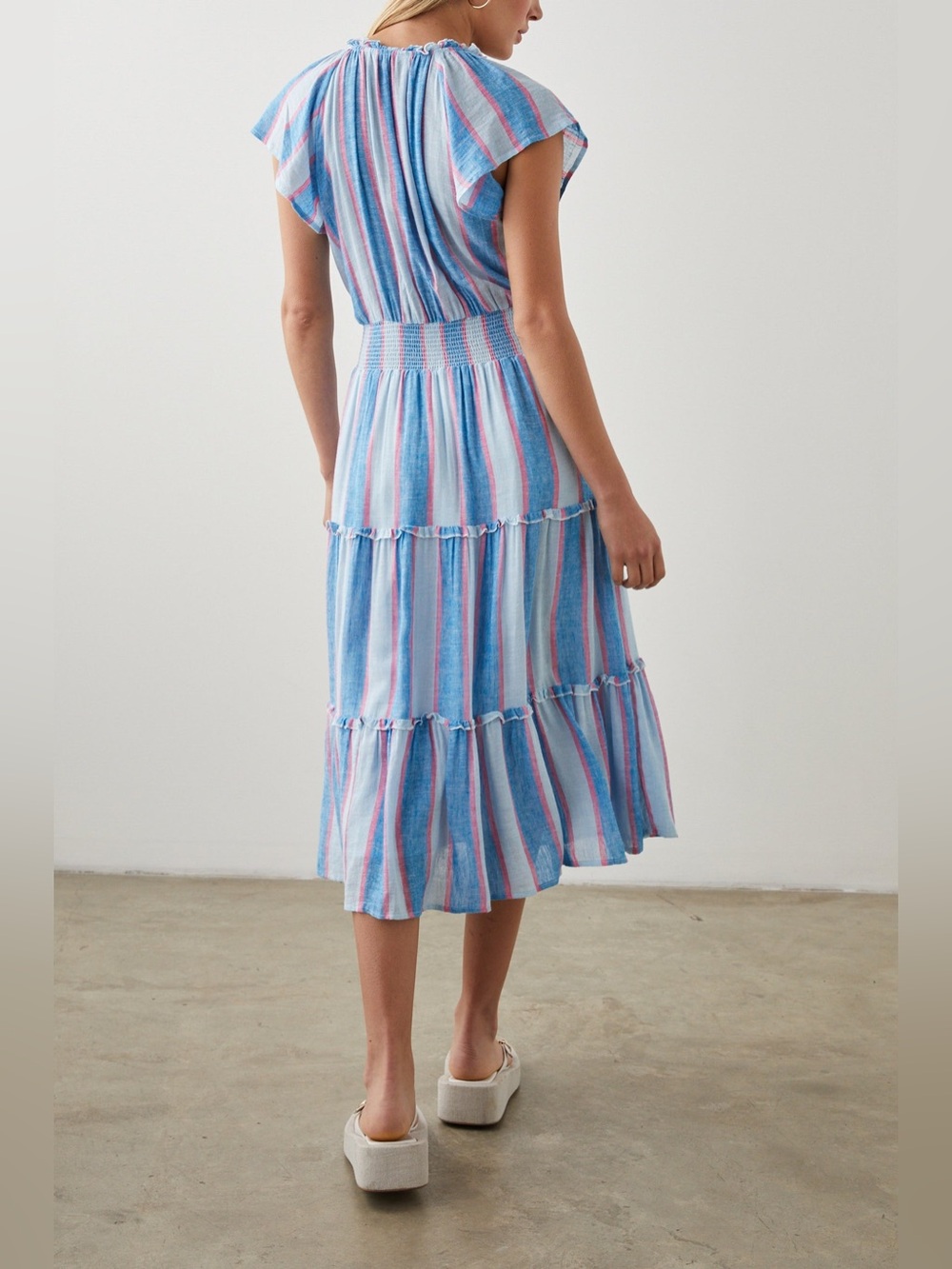 Rails Amellia Kona Striped Blue and Pink Tiered Midi Dress Linen Blend Large - Picture 8 of 13